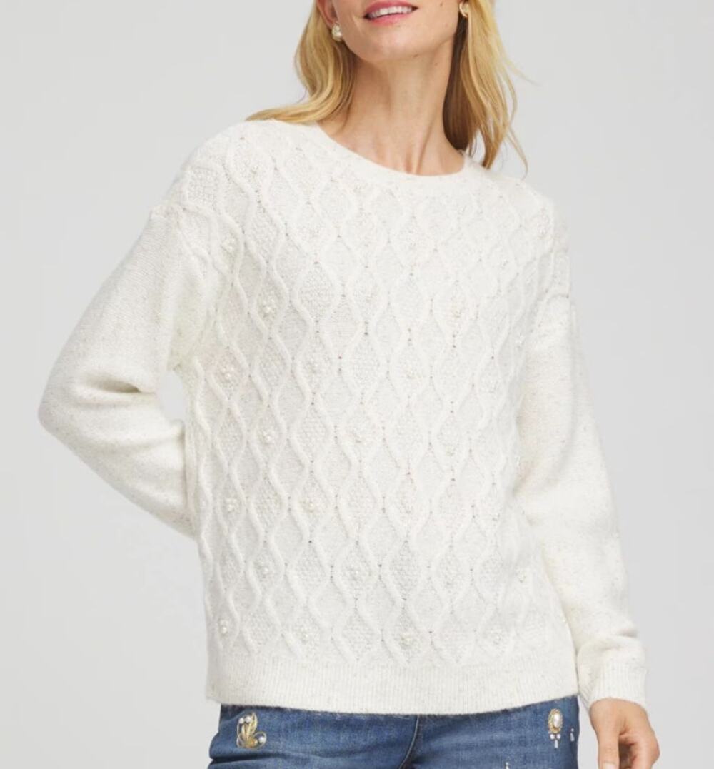 CHICO'S Embellished Cable Knit Sweater Classic Fit Gold Speckled Cream Womens L